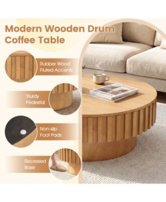 Modern Round Wooden Drum Coffee Table with Hidden Storage Compartment