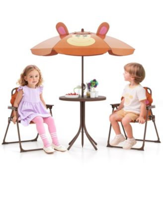 4 Pieces Kids Picnic Set with 2 Folding Chairs and Height Adjustable Umbrella