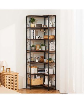 7-Tier Corner Bookshelf, 79" Tall, Metal Frame and Wooden Shelves, Industrial