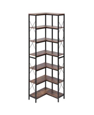 7-Tier Corner Bookshelf, 79" Tall, Metal Frame and Wooden Shelves, Industrial