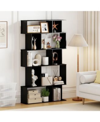 Five Tier Geometric Bookcase with Open Shelves and Cube Storage