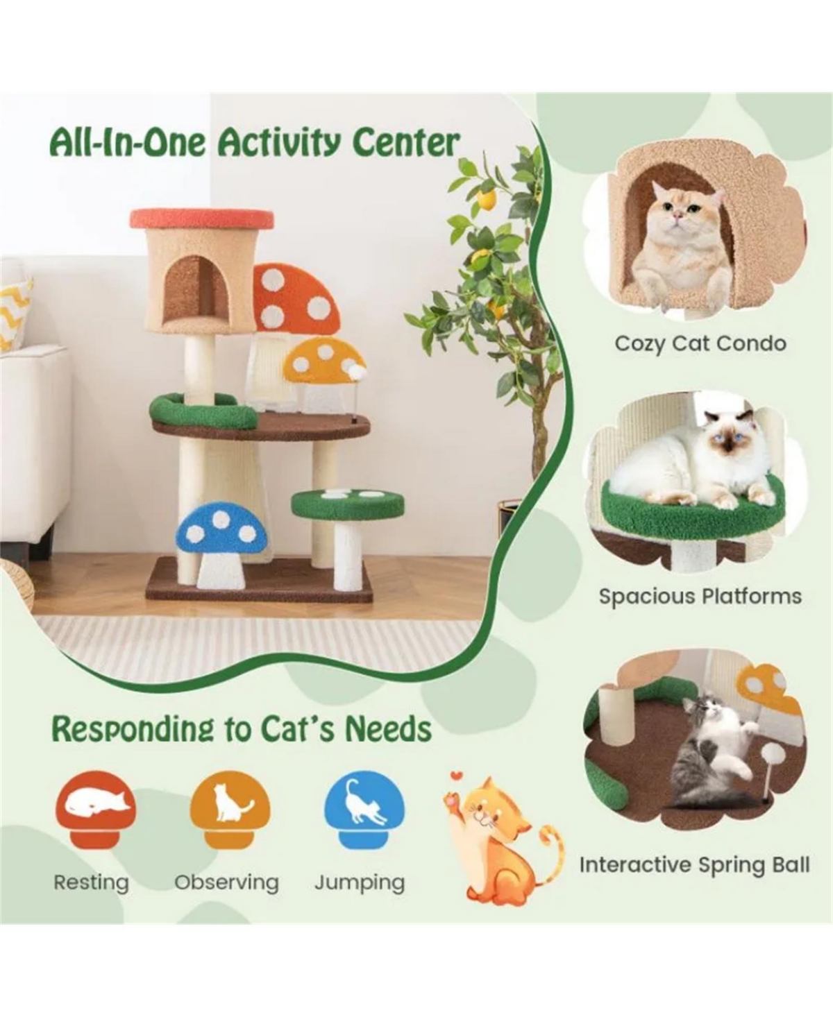 Zeus & Ruta Cute Mushroom Cat Tree with Condo Spring Ball Sisal Posts