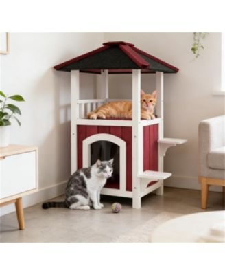 2 Story Wooden Cat House with Asphalt Roof Balcony and Rain Curtain for Outdoor Use