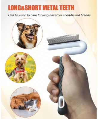 2 Pet Grooming Combs Long Short Stainless Steel Teeth T Straight Rubber Handle for Dogs Cats Flea Tick Hair Removal