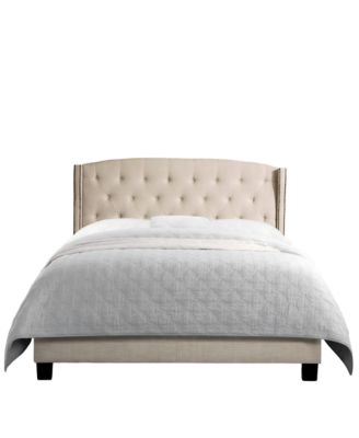 High Back Upholstered Bed Frame with Studded Detail Platform Bed with Solid Wood Frame and Soft Fabric