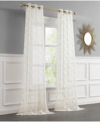 Clarrissa Leaf Designed Linen Textured Metallic Light Filtering Window Curtain Panels with Grommets, 2-Pack