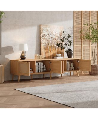 70 inch Modern Cabinet TV Stand with Rattan Doors Media Console with Storage Space & Cable Holes