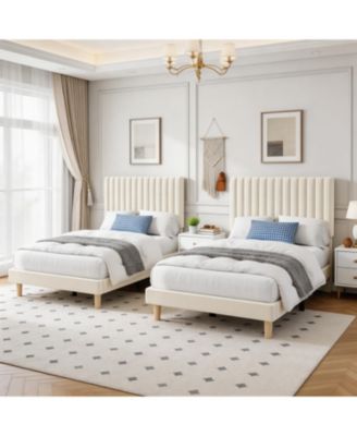 Set of 2 Dreamy Velvet Platform Bed Set with Adjustable Channel-Tufted Headboard – Soft Linen Upholstery, No Box Spring Needed