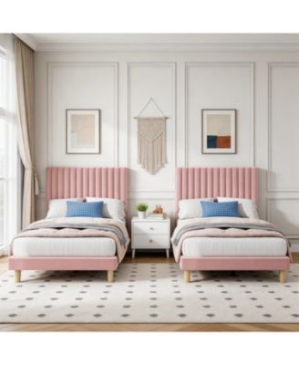 Set of 2 Dreamy Velvet Platform Bed Set with Adjustable Channel-Tufted Headboard - Soft Linen Upholstery, No Box Spring Needed