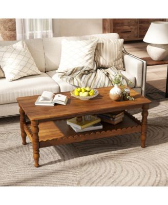 Rectangle Coffee Table, Solid Wood Center Table, Farmhouse 2-Tier Sofa Table, Wave-Edge Design for Living Room