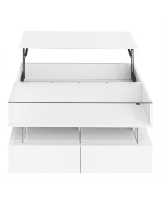 Lift-Top Coffee Table, Modern Square Center Table - 2 Drawers, Hidden Space, LED Lights and High-Gloss Finish for Living Room