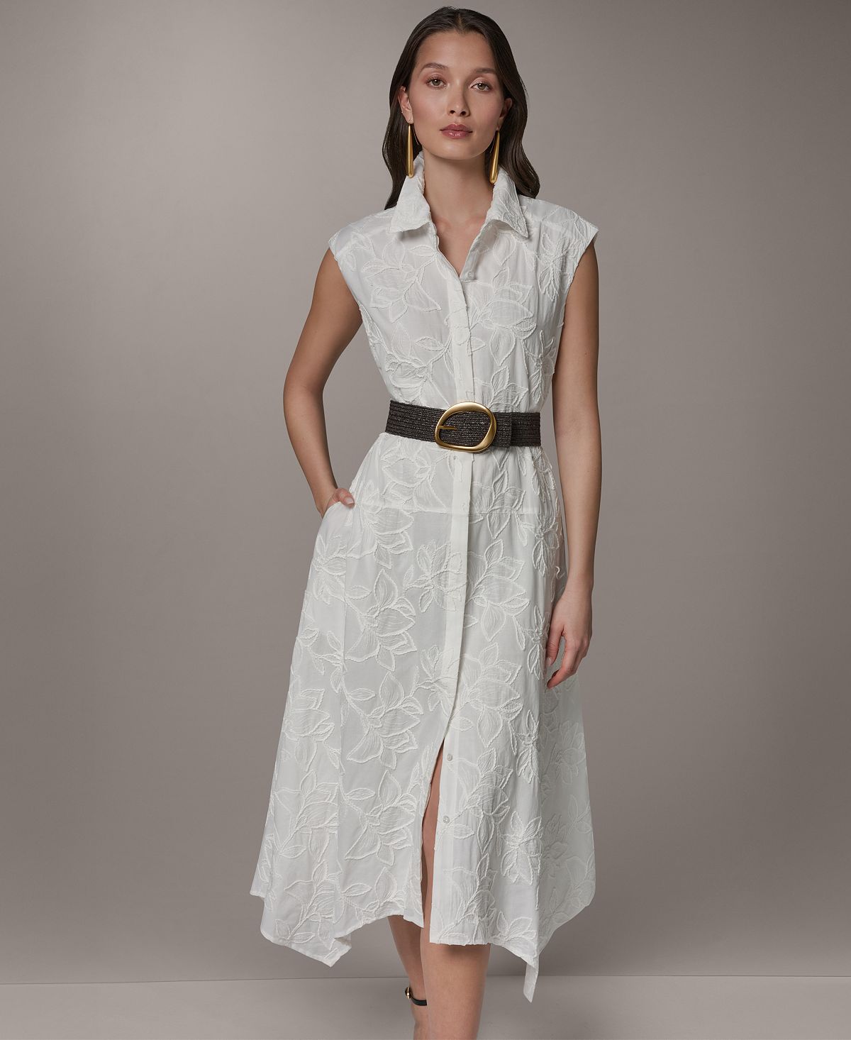 Donna Karan New York Women's Collared Neck Belted Midi Dress view 4 — MAYCSS fashion products