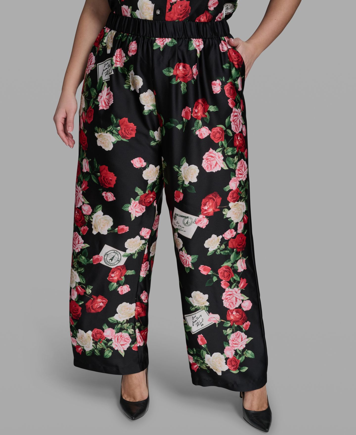 Женские брюки KARL LAGERFELD PARIS Plus Size Mid-Rise Floral-Print Pull-On, цвет: Чёрный разноцветный — фото 2