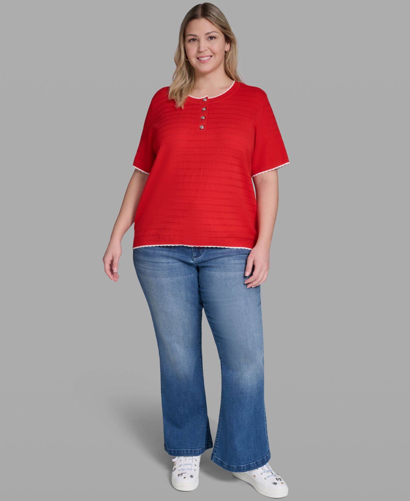 Женский свитер KARL LAGERFELD PARIS Plus Size Button-Front, цвет: Красный / Мягкий белый — фото 2