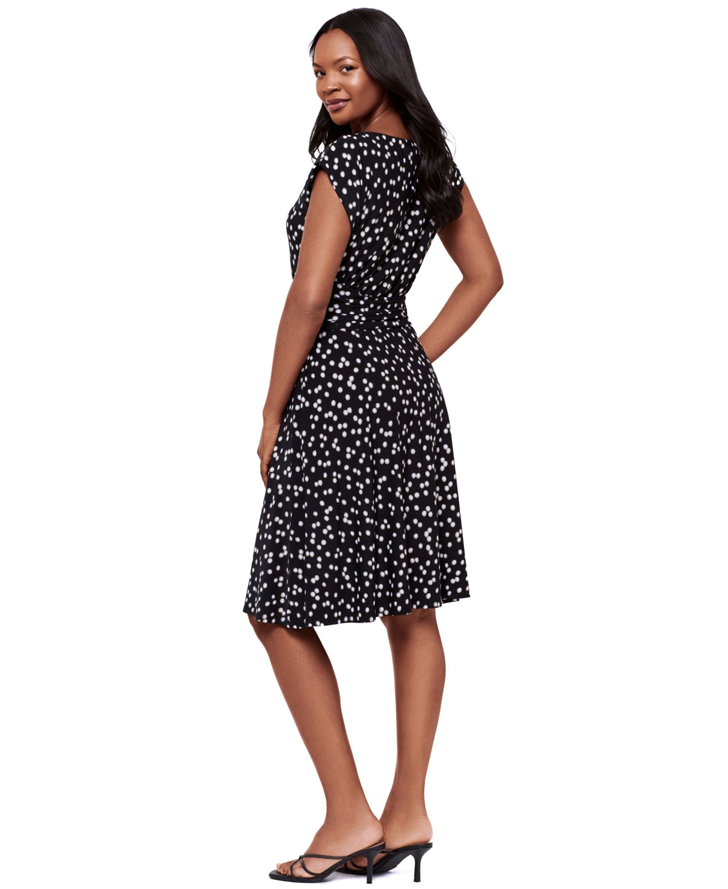 Women's Dot-Print Boat Neck Short-Sleeve Shaping Dress