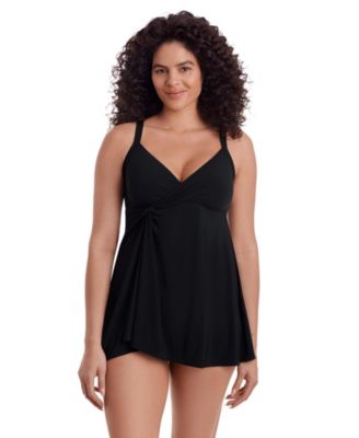 Women's Solid Black Twist Front Long Torso Swim Dress