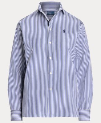 Women's Cotton Striped Button Down Shirt - Long Sleeve Office Blouse With V-Neck Collar