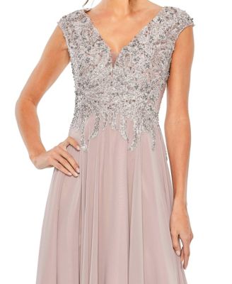 Women's Embroidered Beaded Midi Dress with Cap Sleeves