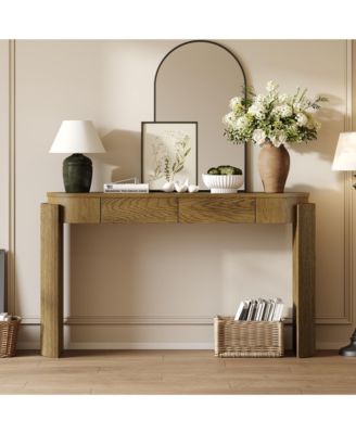 Oval Top Console Table 2 Drawers Fluted Legs Pine Wood Entryway Table