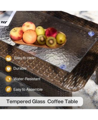 Outdoor Wicker Coffee Table with Hammered Glass Top, Hand PE Rattan Wicker Patio Furniture Set, All-Weather Rectangular Patio Table