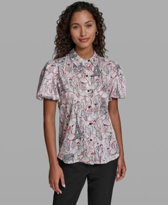 Women's Puff Sleeve Button-Front Printed Blouse