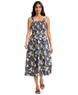 Women's Poplin Smocked Bodice Midi Dress