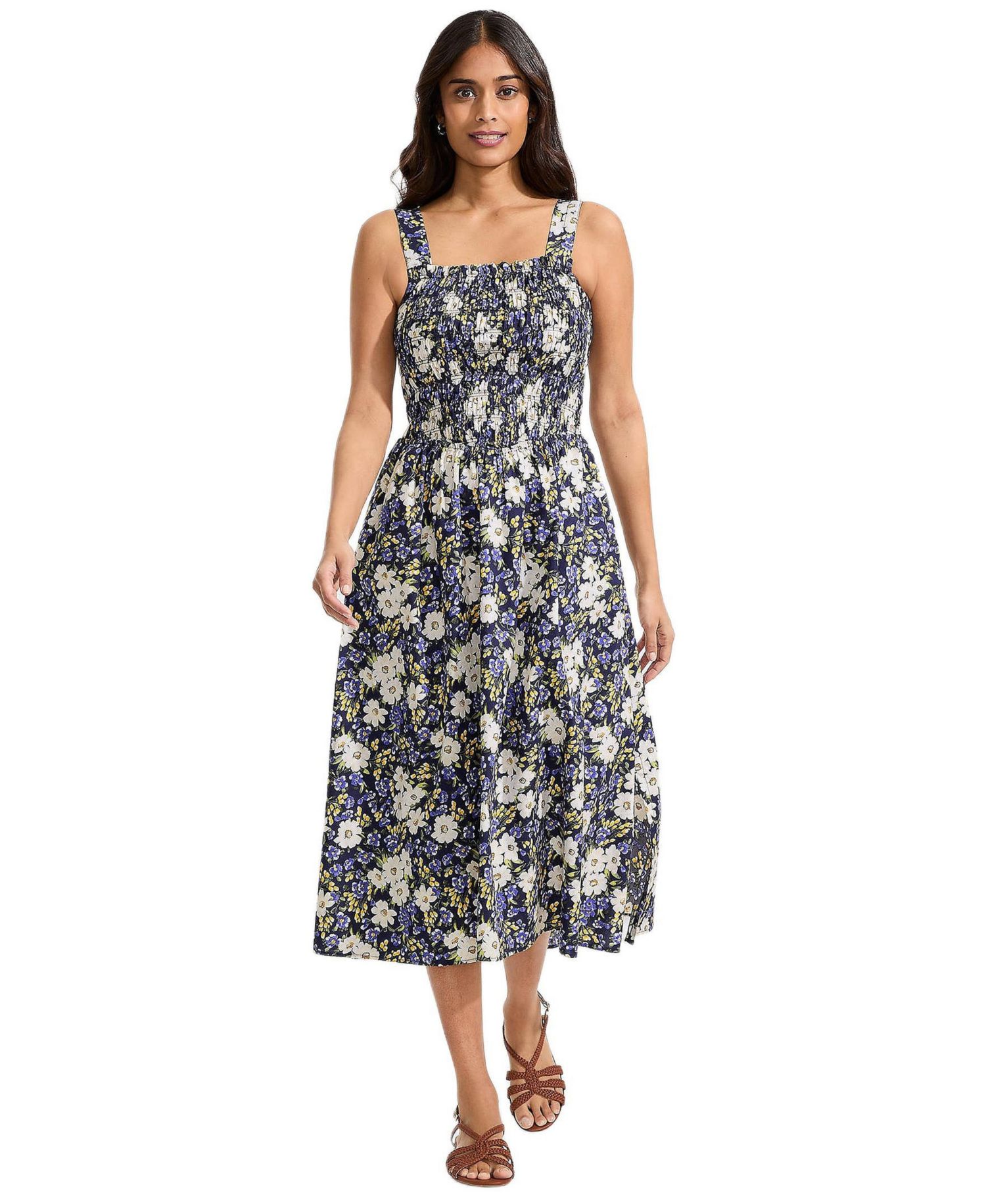Women's Poplin Smocked Bodice Midi Dress