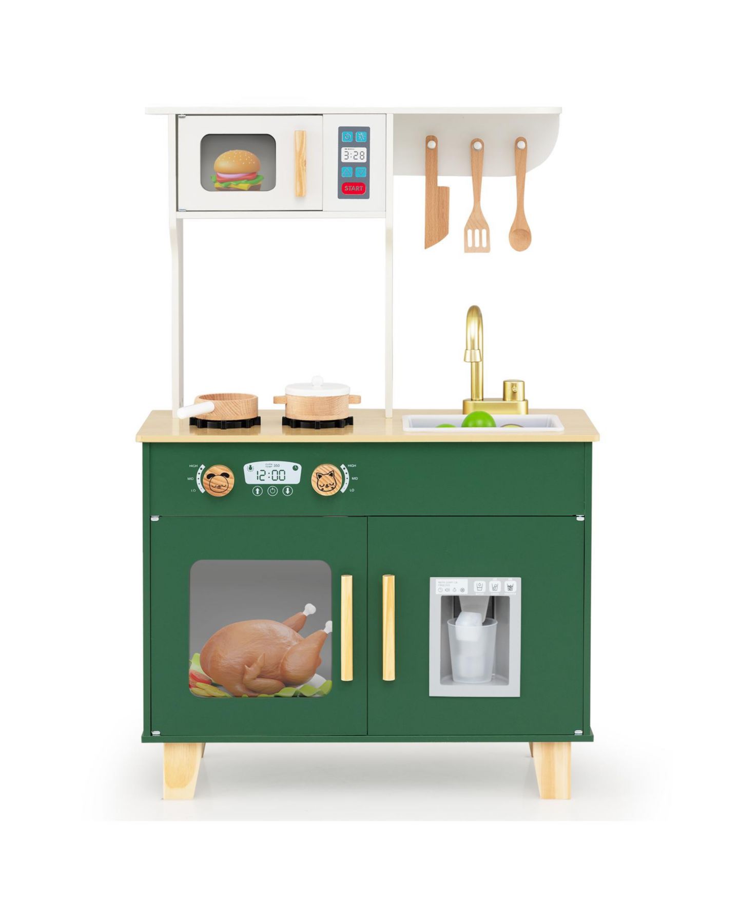 Детская игрушка Slickblue Wood Pretend Play Kitchen with Microwave and Rotating Knobs, 1-Piece, Ages 3+, цвет: Зелёный — фото 6