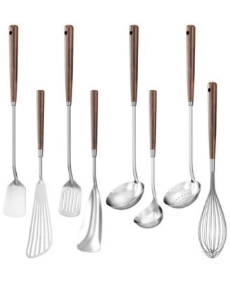 8-Piece 304 Stainless Steel Cooking Utensils Set with Heat-Resistant Wooden Handles