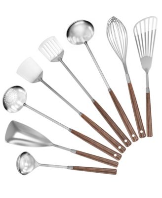 8-Piece 304 Stainless Steel Cooking Utensils Set with Heat-Resistant Wooden Handles