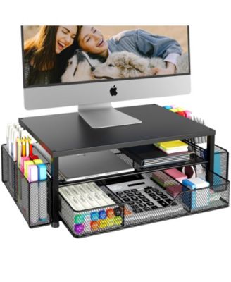 2-tier Monitor Stand Riser Desk Organizer With Drawer Pen Holder