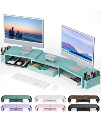 Dual Monitor Stand Riser Desk Organizer Drawer 2 Pen Holders Shelf