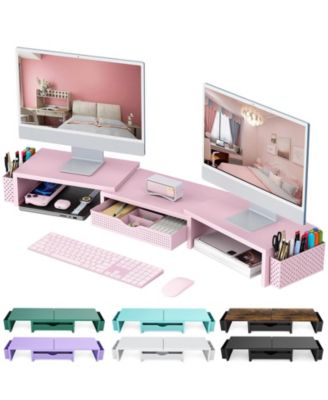 Dual Monitor Stand Riser Desk Organizer Drawer 2 Pen Holders Shelf
