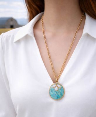 Turquoise and White Mother of Pearl Petal Golden Pendant Necklace