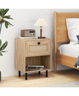 Rattan Nightstand Boho End Table with Rattan Drawer and Open Shelf