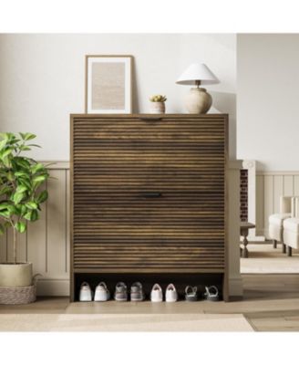 Fluted Shoe Cabinet with 2 Flip Drawers, Wide Slim Entryway Storage