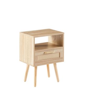 Modern Rattan End Table with Drawer and Solid Wood Legs Nightstand Cabinet