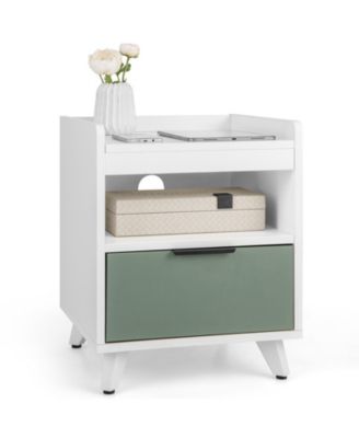 Modern Nightstand with LED Lights Sliding Drawer and Open Compartment