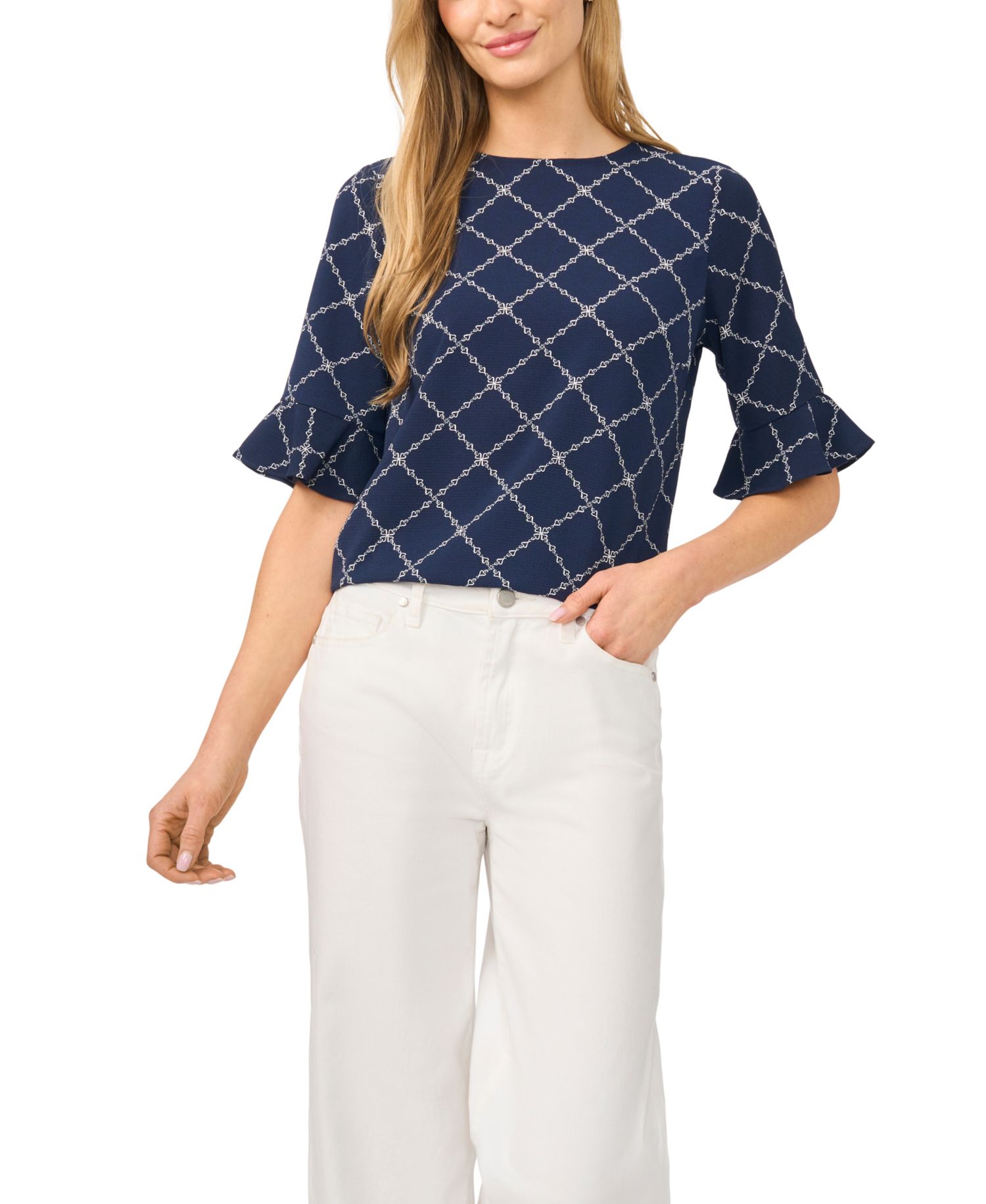 Women's Print Crewneck 3/4-Sleeve Ruffled Cuff Blouse