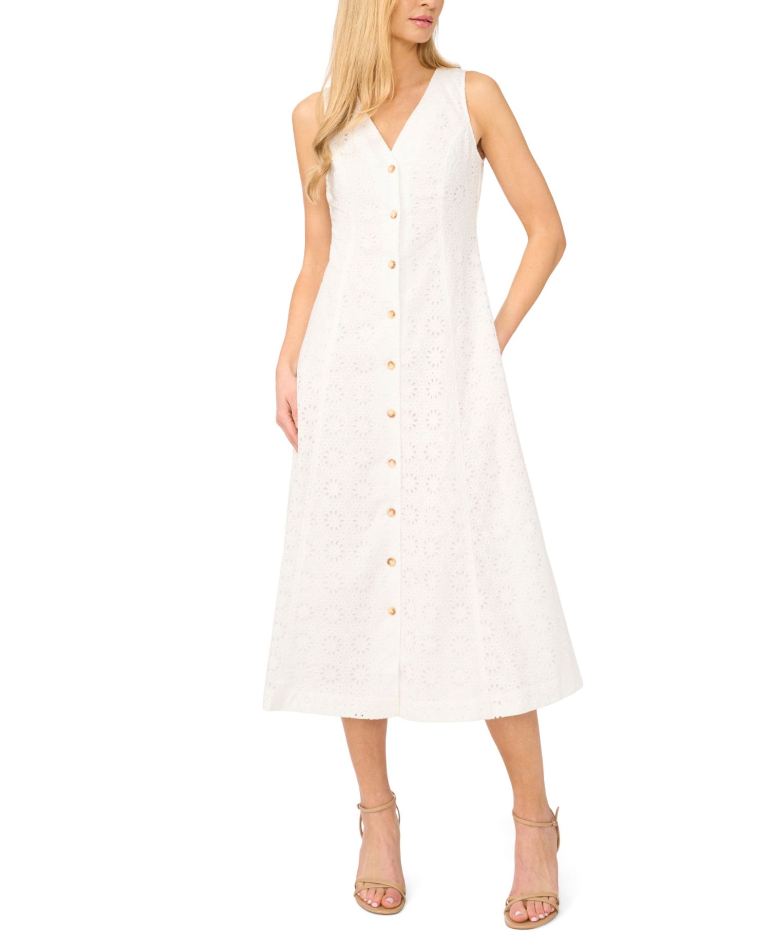 Women's V-Neck Sleeveless Button-Down Cotton Midi Dress
