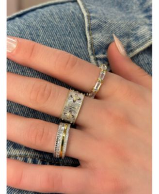 Sterling Silver Cubic Zirconia Brushed Italian Florentine Extra Wide Band Eternity Ring