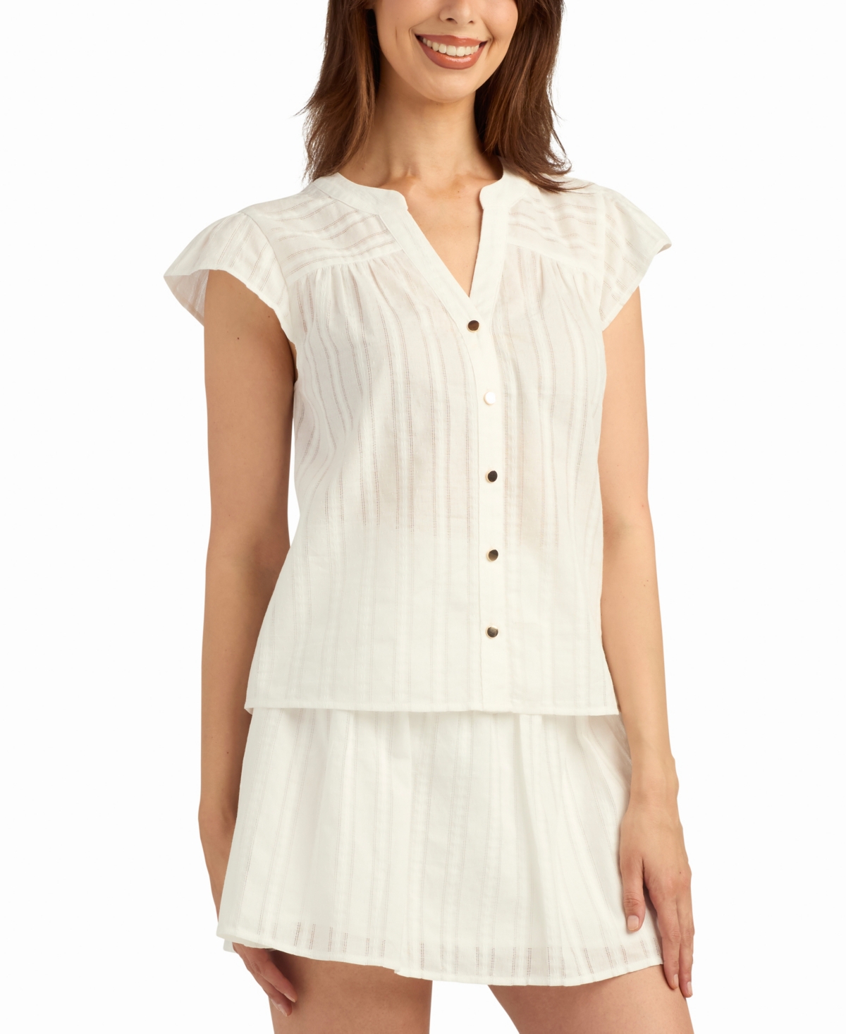 Bcx Women's Solid Dobby Stripe V-Neck Top