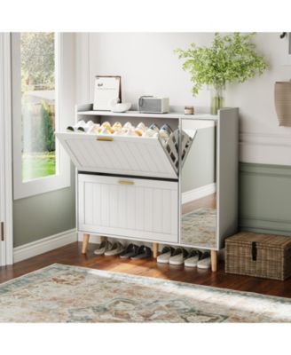 Wooden Shoe Cabinet with Mirror, 2 Flip Drawers and Side Storage, Entryway Organizer