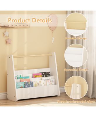 Kids Bookshelf with Wooden Handle, 2-Tier Front-Facing Toddler Bookcase, Portable Book Storage Organizer for Nursery, Playroom