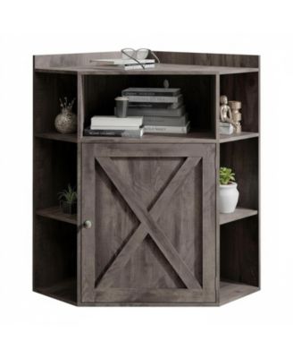 Industrial Corner Storage Shelf with Charging Station 6-Cubby Wooden Organizer for Small Spaces