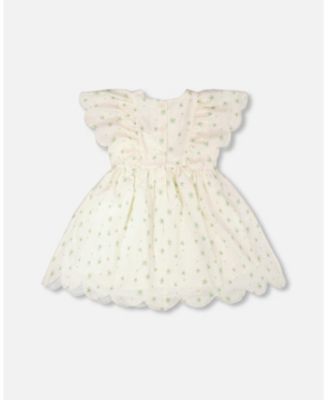 Little Girls Jacquard Dress White Printed Flowers