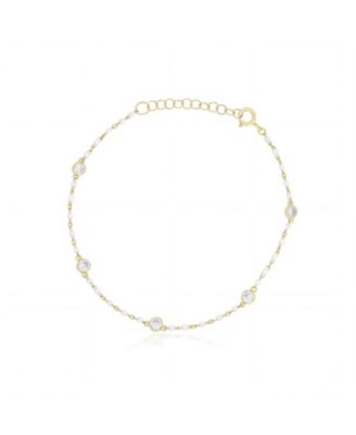 White Enamel Bead CZ Chain Bracelet 14K Gold Plated Sterling Silver