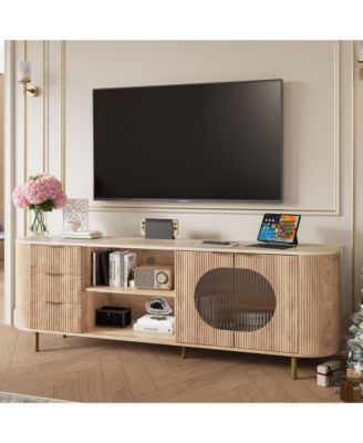69" Curved TV Stand for TVs Up to 80 Inches, Modern Media Console Table with Wavy Acrylic Doors and Large Storage for Living Room