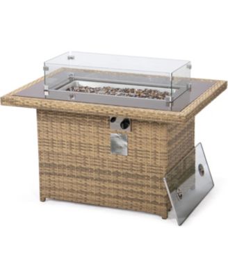 Mace 44" Outdoor Fire Pit Table - 55,000 BTU Propane Gas Fire Table with Wicker Frame, Tempered Glass Wind Guard and Crystal Glass Beads