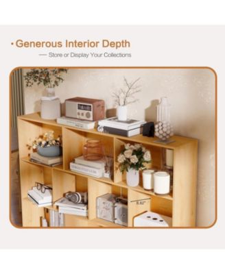 10 Cube Bookshelf, 3 Tier Modern Wide Bookcase with Legs, Mid-Century Wood Bookshelves Storage, Natural Large Book Case